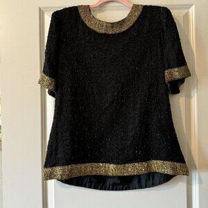 Vintage Laurence Kazar Women's Silk Beaded Blouse Black Gold Size Large EUC